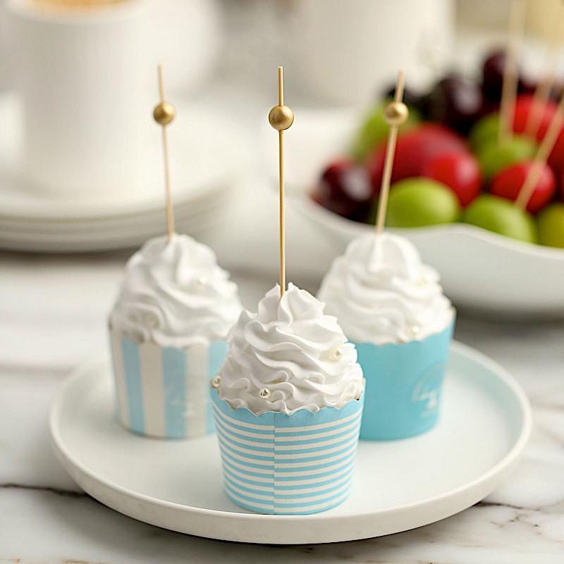 100 pcs 4.5" Natural Bamboo Sustainable Skewers Picks with Gold Pearls - Light Brown DSP_BIRC_P001_GOLD