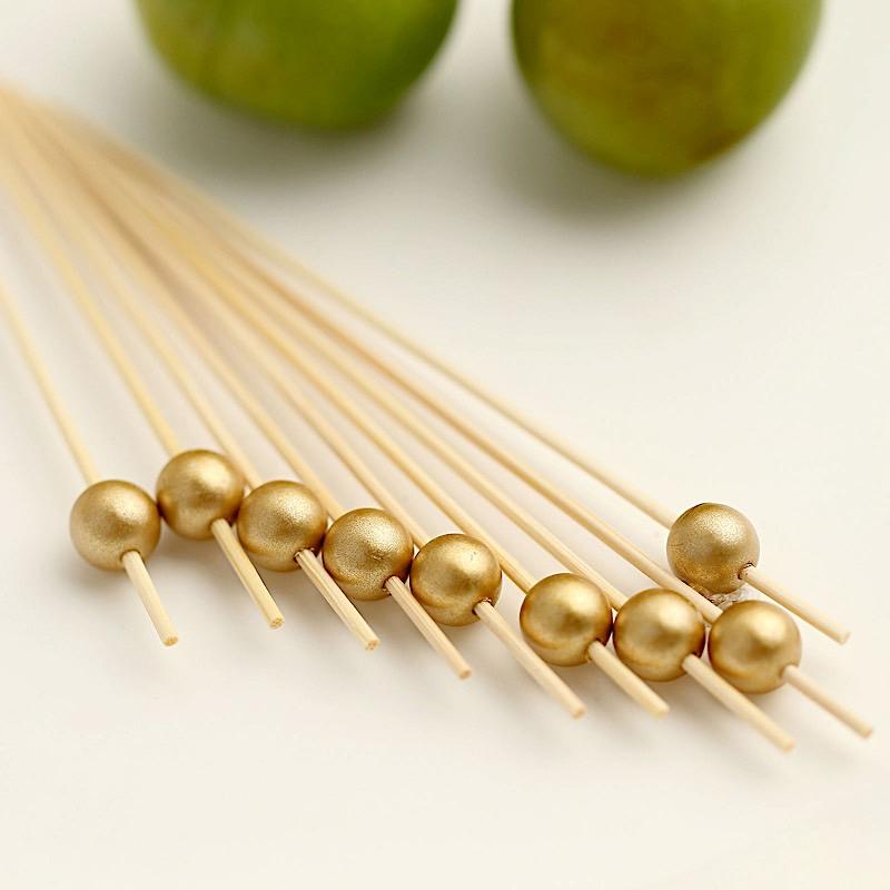 100 pcs 4.5" Natural Bamboo Sustainable Skewers Picks with Gold Pearls - Light Brown DSP_BIRC_P001_GOLD
