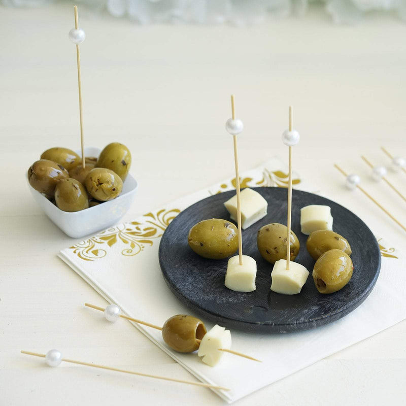 100 pcs 4.75" long Natural Bamboo Sustainable Skewers Picks with Pearls - Light Brown DSP_BIRC_P001