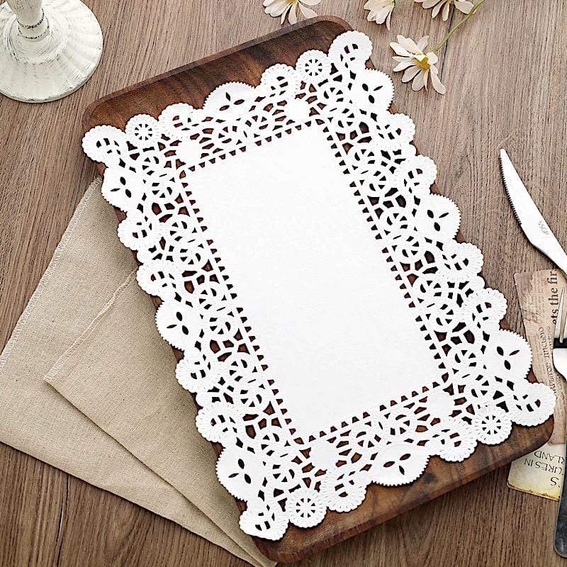 100 pcs Rectangular Disposable Paper Doilies Placemats with Lace Trim - White