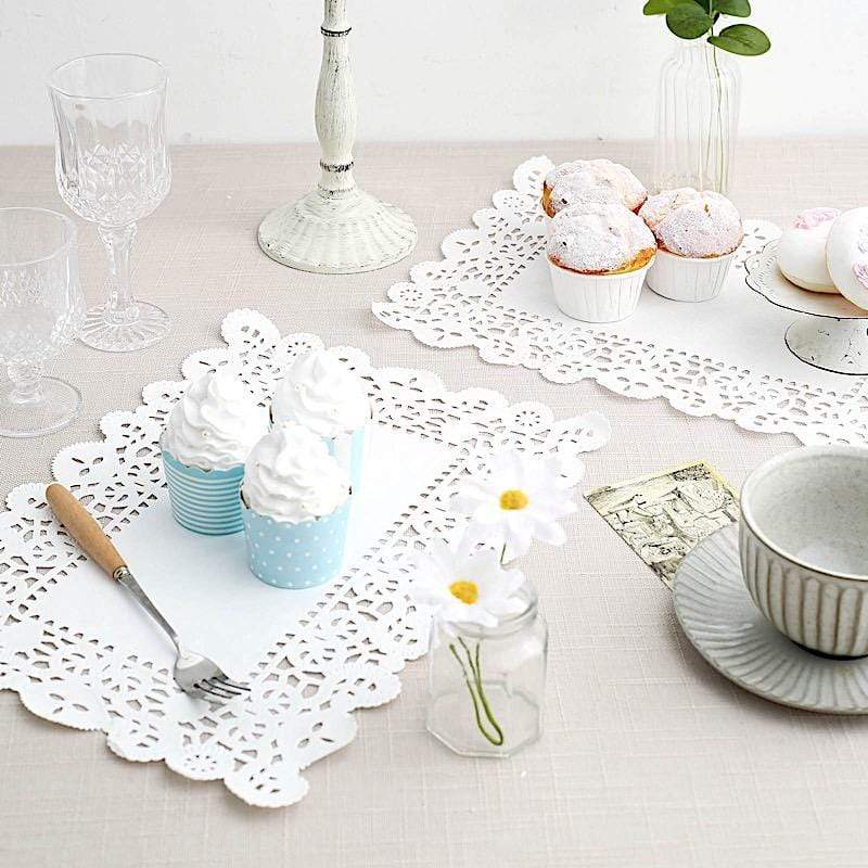 100 pcs Rectangular Disposable Paper Doilies Placemats with Lace Trim - White