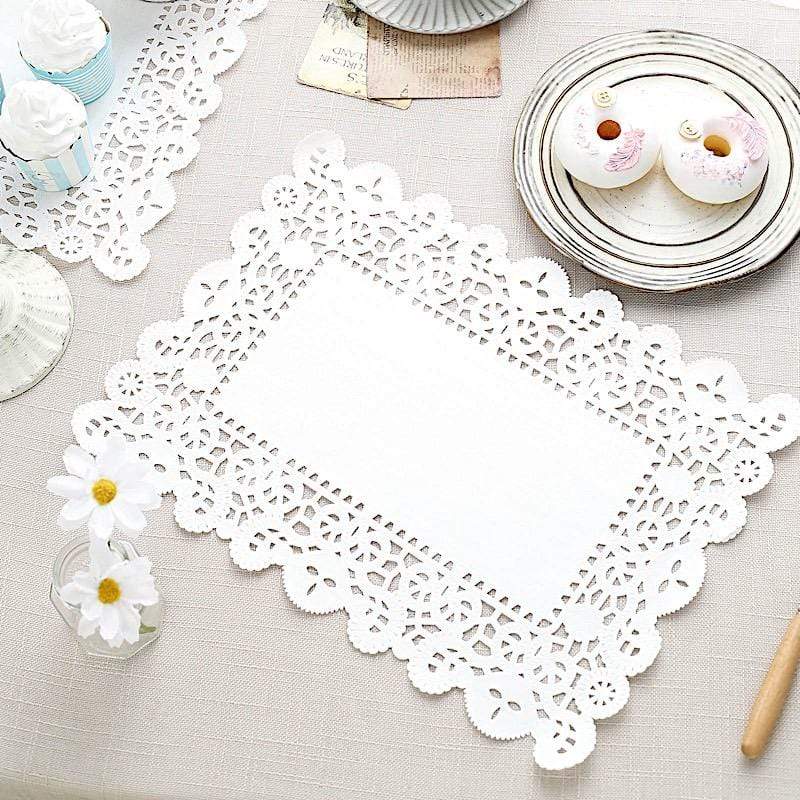 100 pcs Rectangular Disposable Paper Doilies Placemats with Lace Trim - White