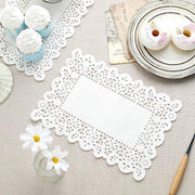100 pcs Rectangular Disposable Paper Doilies Placemats with Lace Trim - White