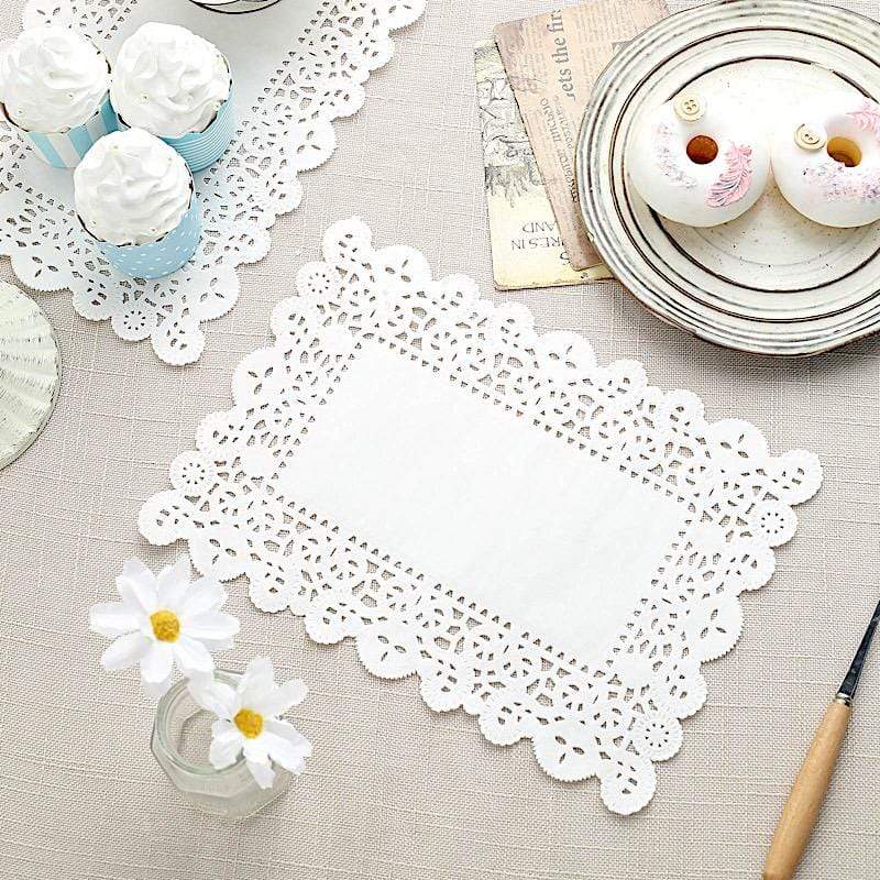100 pcs Rectangular Disposable Paper Doilies Placemats with Lace Trim - White