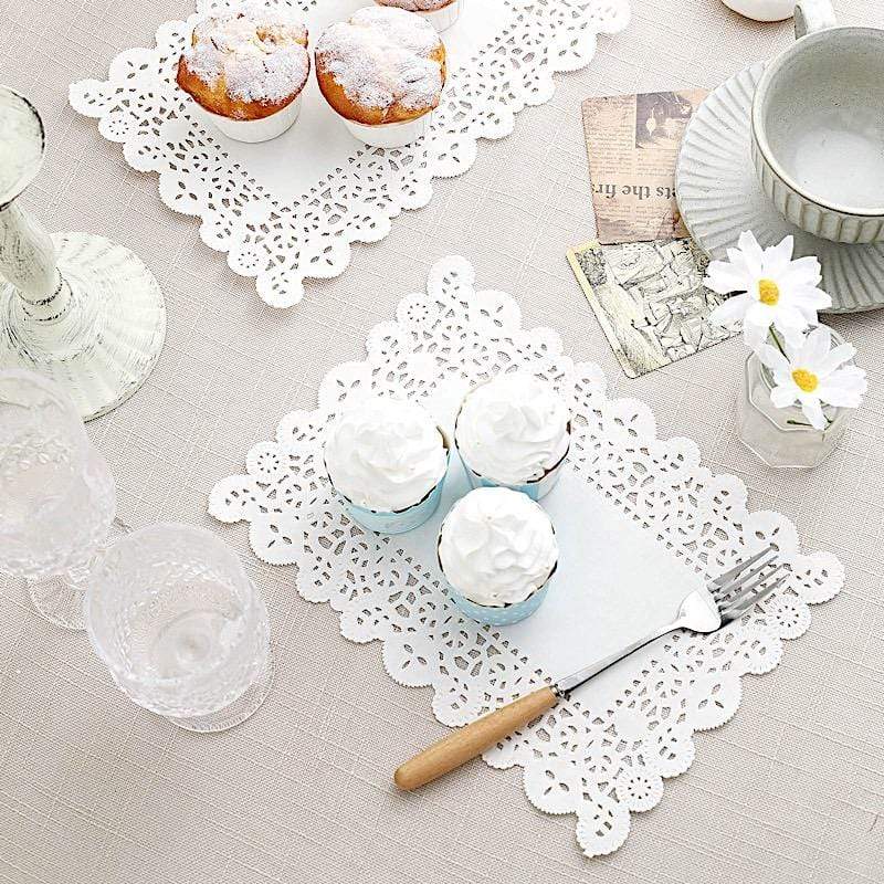 100 pcs Rectangular Disposable Paper Doilies Placemats with Lace Trim - White
