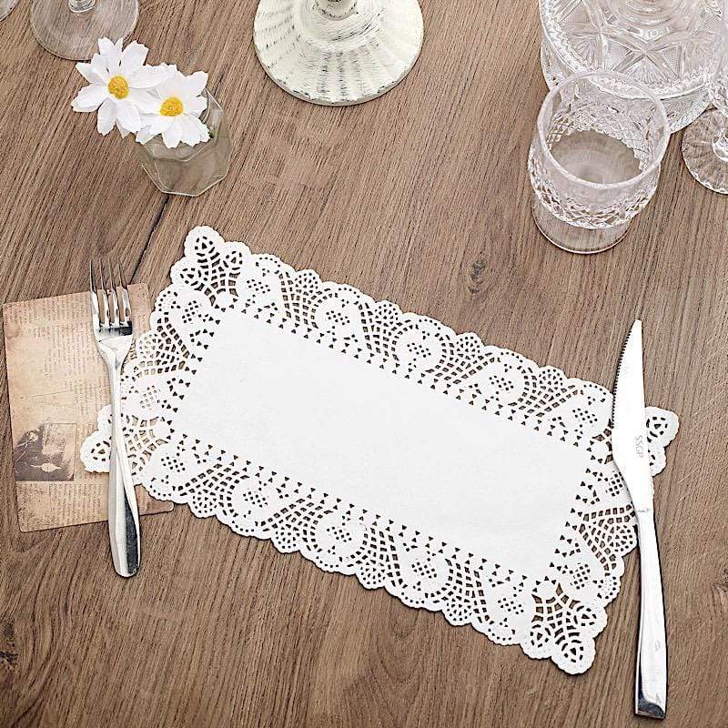 100 pcs Rectangular Disposable Paper Doilies Placemats with Lace Trim - White