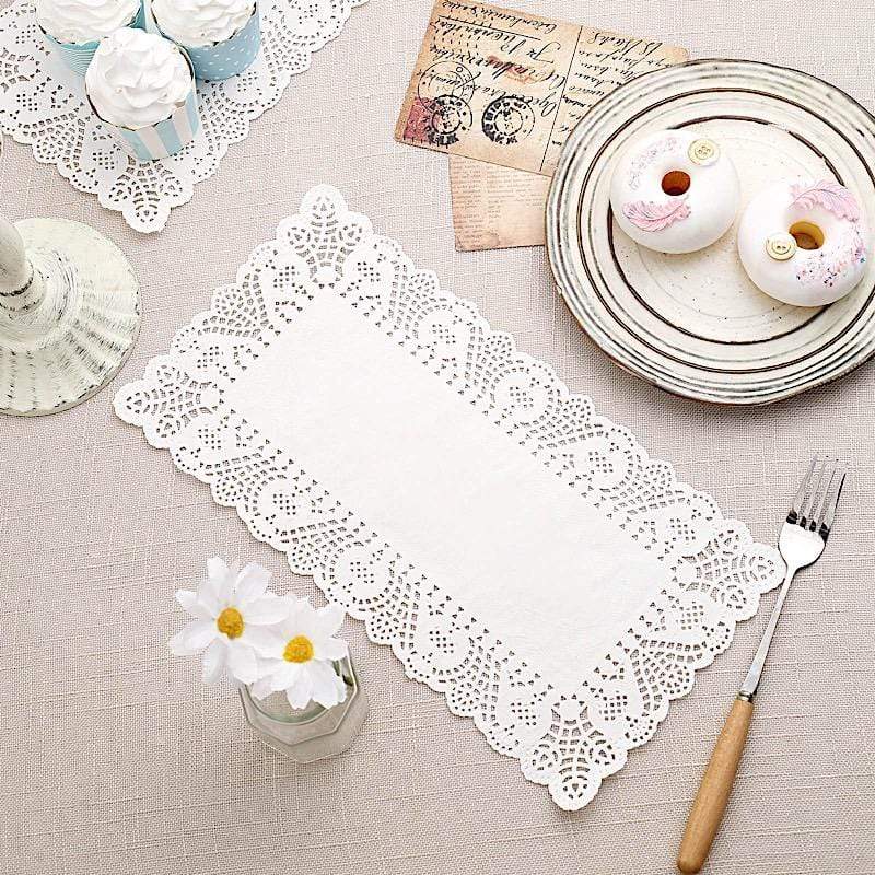 100 pcs Rectangular Disposable Paper Doilies Placemats with Lace Trim - White