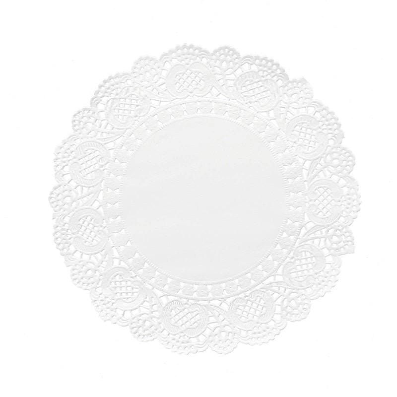 100 pcs Round Disposable Paper Doilies Placemats with Lace Trim DSP_PPDOL_RND01_8_WHT