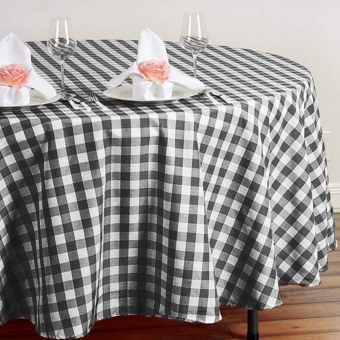 108" Checkered Gingham Polyester Round Tablecloth - Black and White TAB_CHK108_BLK