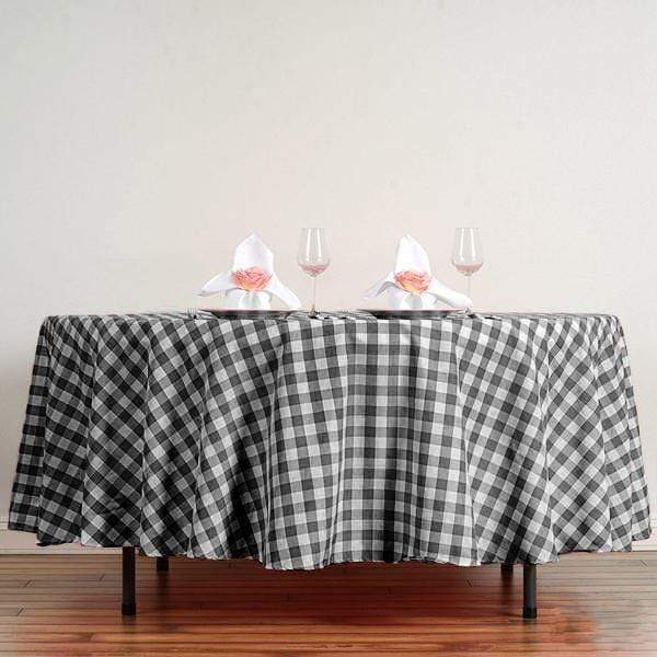 108" Checkered Gingham Polyester Round Tablecloth - Black and White TAB_CHK108_BLK