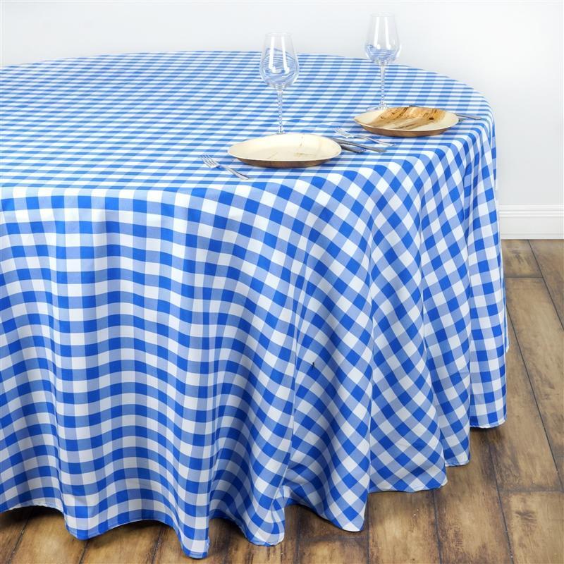108" Checkered Gingham Polyester Round Tablecloth - Blue and White TAB_CHK108_BLUE