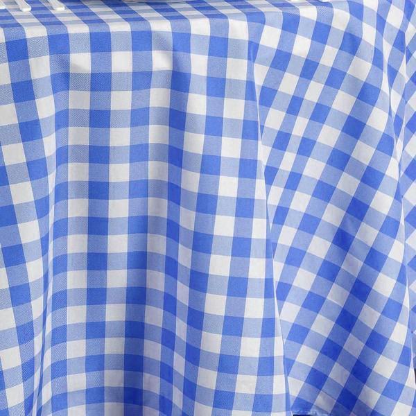 108" Checkered Gingham Polyester Round Tablecloth - Blue and White TAB_CHK108_BLUE
