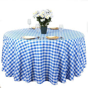 108" Checkered Gingham Polyester Round Tablecloth - Blue and White TAB_CHK108_BLUE