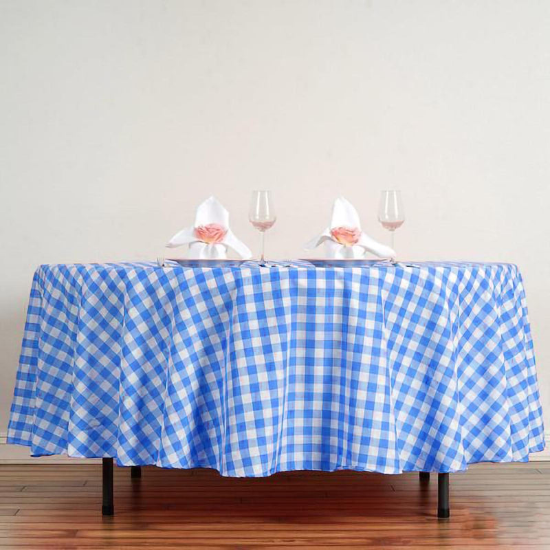 108" Checkered Gingham Polyester Round Tablecloth - Blue and White TAB_CHK108_BLUE