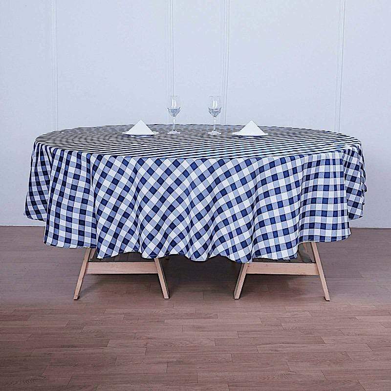 108" Checkered Gingham Polyester Round Tablecloth - Navy Blue and White TAB_CHK108_NAVY