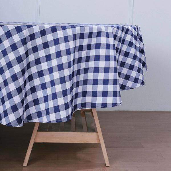 108" Checkered Gingham Polyester Round Tablecloth - Navy Blue and White TAB_CHK108_NAVY