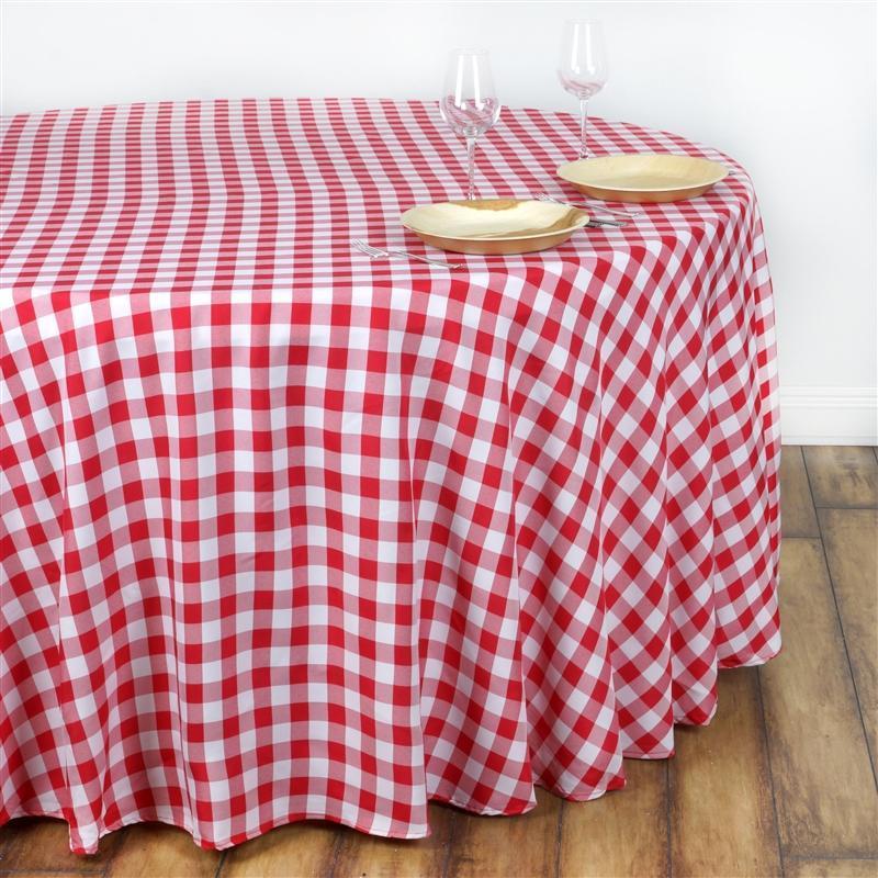 108" Checkered Gingham Polyester Round Tablecloth - Red and White TAB_CHK108_RED