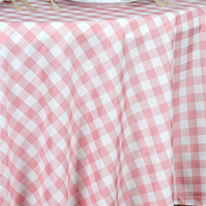 108" Checkered Gingham Polyester Round Tablecloth - Rose Quartz Pink and White TAB_CHK108_019