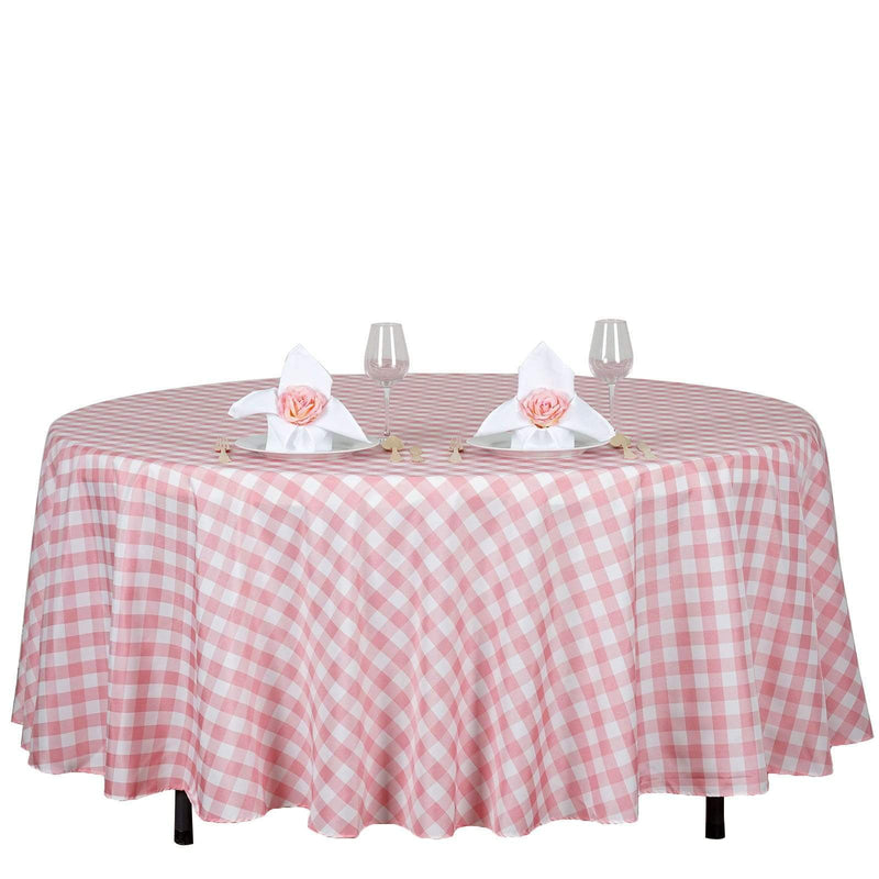 108" Checkered Gingham Polyester Round Tablecloth - Rose Quartz Pink and White TAB_CHK108_019