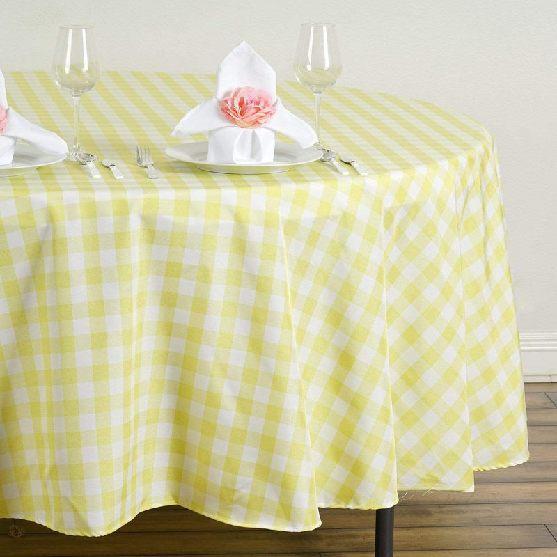 108" Checkered Gingham Polyester Round Tablecloth - Yellow and White TAB_CHK108_YEL