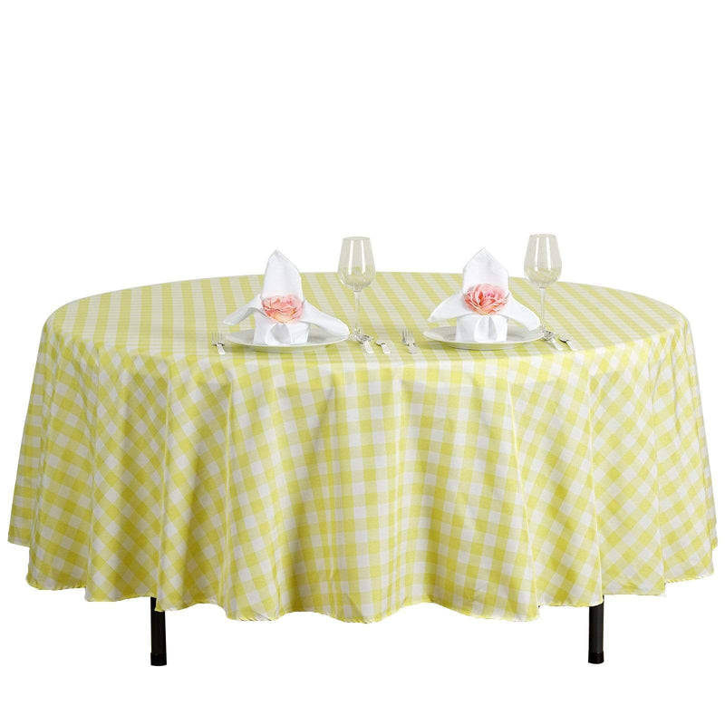 108" Checkered Gingham Polyester Round Tablecloth - Yellow and White TAB_CHK108_YEL