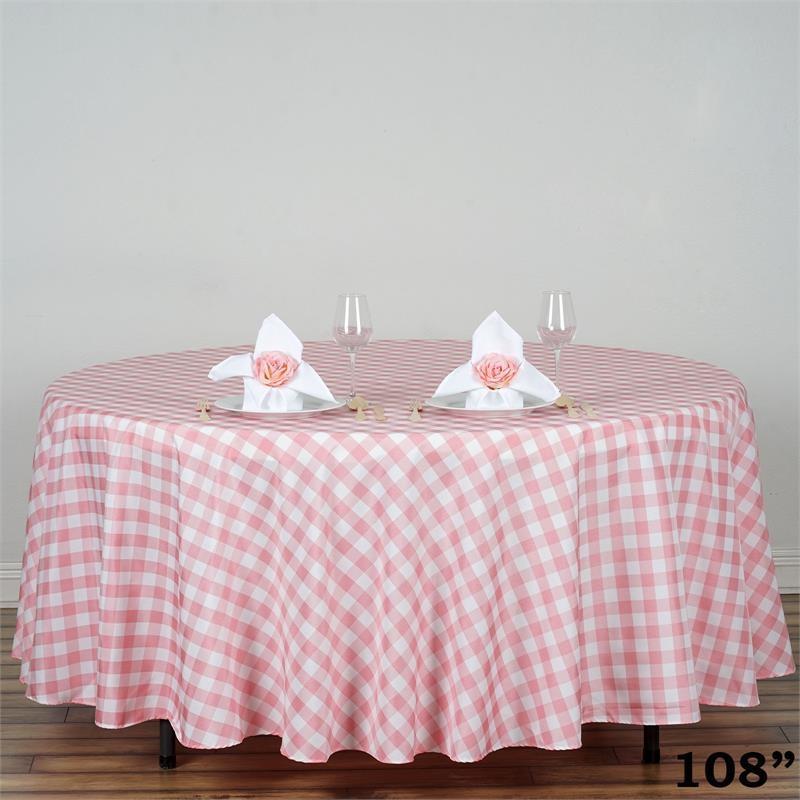 108" Checkered Gingham Polyester Round Tablecloth - Rose Quartz Pink and White TAB_CHK108_019