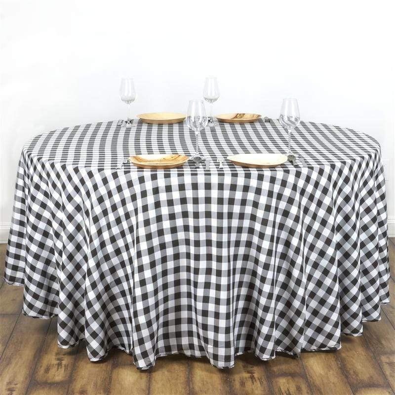 108" Checkered Gingham Polyester Round Tablecloth - Black and White TAB_CHK108_BLK
