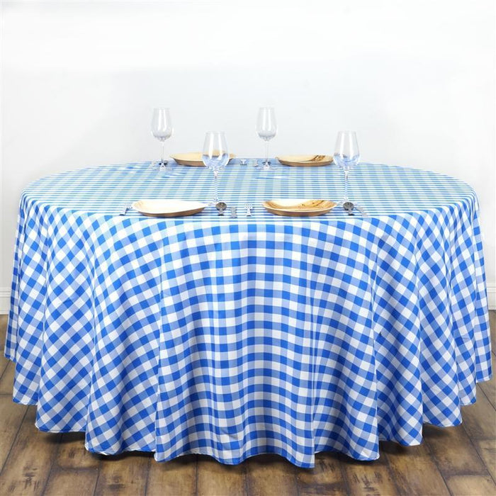 108" Checkered Gingham Polyester Round Tablecloth - Blue and White TAB_CHK108_BLUE