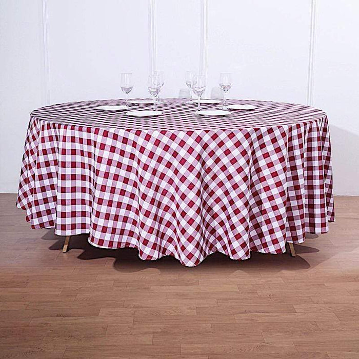 108" Checkered Gingham Polyester Round Tablecloth - Burgundy and White TAB_CHK108_BURG