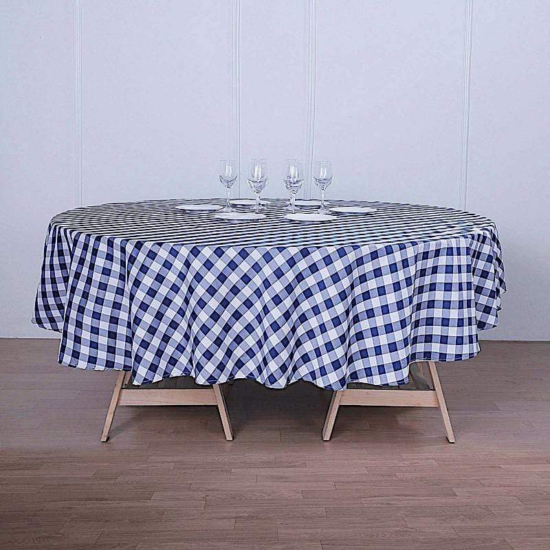 108" Checkered Gingham Polyester Round Tablecloth - Navy Blue and White TAB_CHK108_NAVY