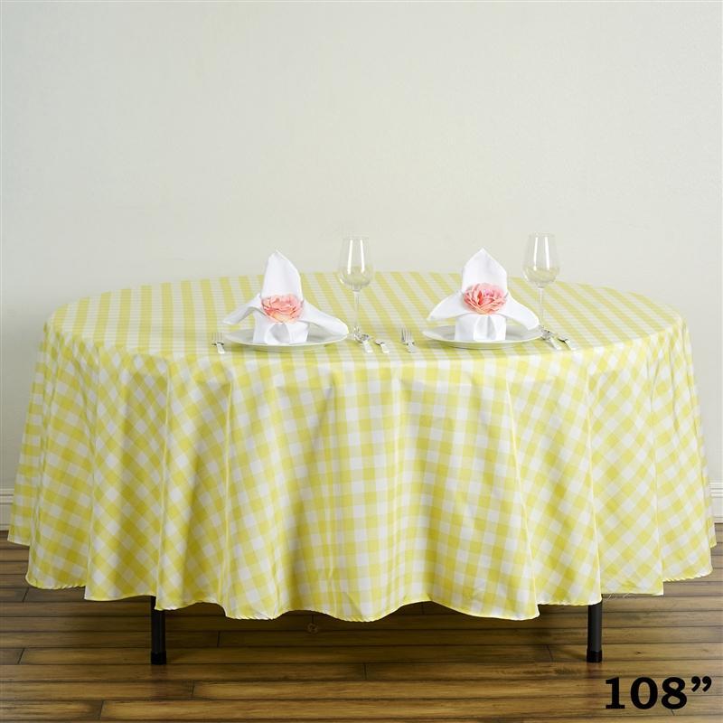 108" Checkered Gingham Polyester Round Tablecloth - Yellow and White TAB_CHK108_YEL