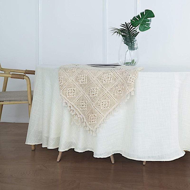 108" Round Premium Faux Burlap Polyester Tablecloth - White TAB_JUTE02_108_WHT