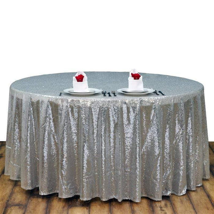108" Sequined Round Tablecloth - Silver Light Gray TAB_02_108_SILV