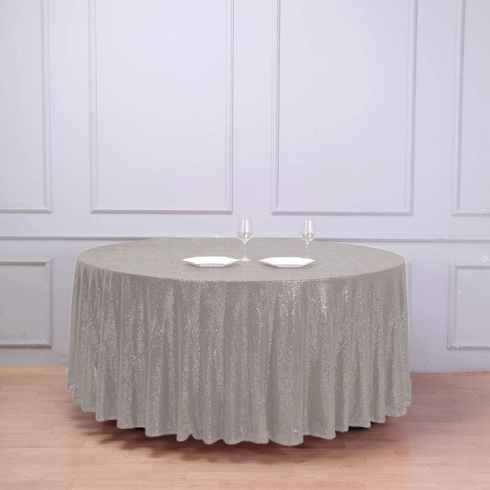 108" Sequined Round Tablecloth - Silver Light Gray TAB_02_108_SILV