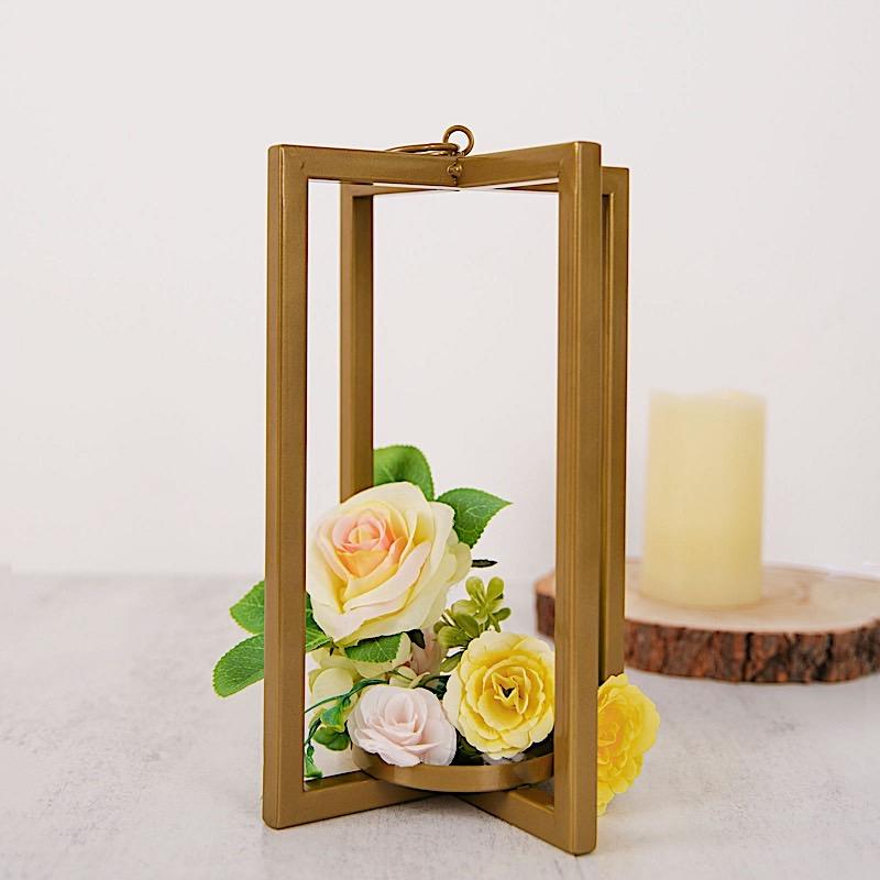 11" tall Geometric Metal Cross Bar Lantern with Glass Candle Holder