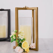 11" tall Geometric Metal Cross Bar Lantern with Glass Candle Holder