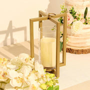 11" tall Geometric Metal Cross Bar Lantern with Glass Candle Holder