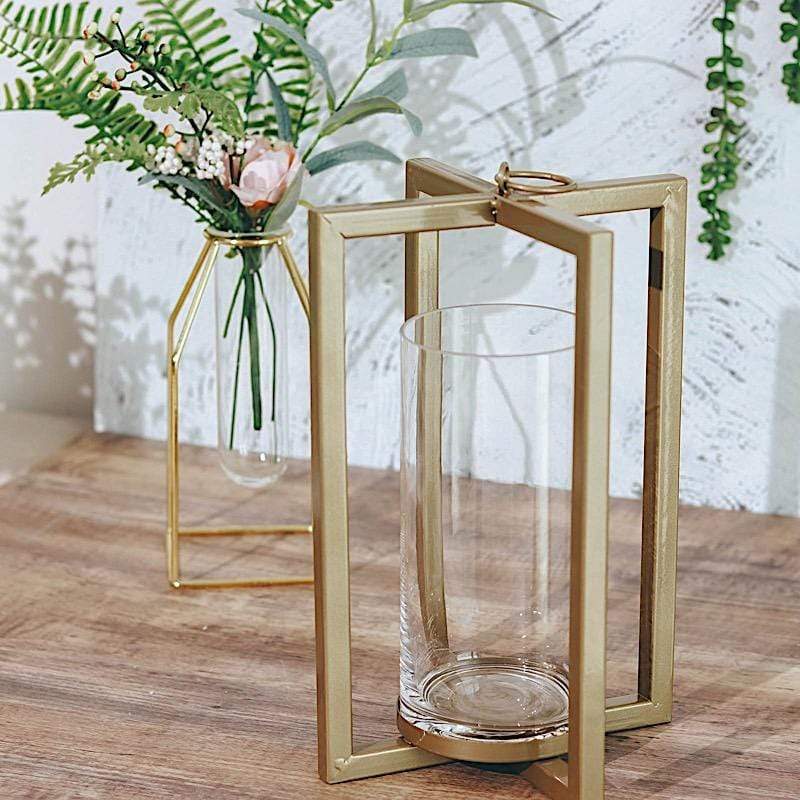 11" tall Geometric Metal Cross Bar Lantern with Glass Candle Holder