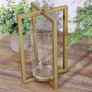 11" tall Geometric Metal Cross Bar Lantern with Glass Candle Holder