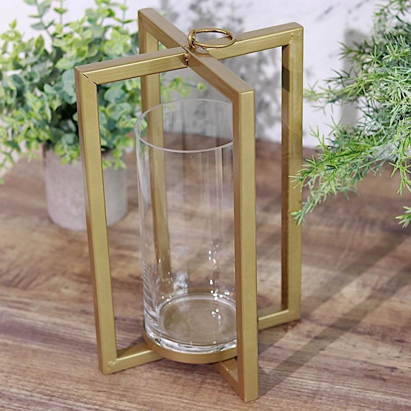 11" tall Geometric Metal Cross Bar Lantern with Glass Candle Holder