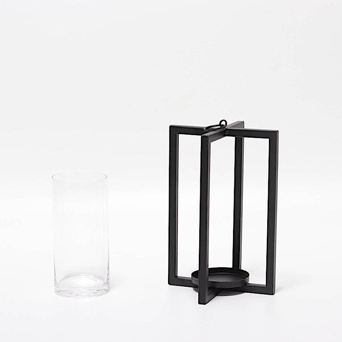 11" tall Geometric Metal Cross Bar Lantern with Glass Candle Holder IRON_CAND_016_L_BLK