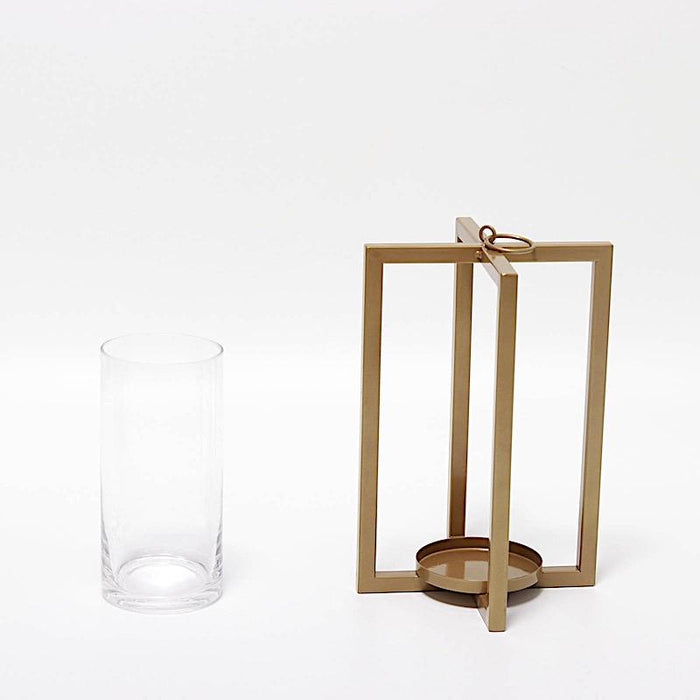 11" tall Geometric Metal Cross Bar Lantern with Glass Candle Holder IRON_CAND_016_L_GOLD