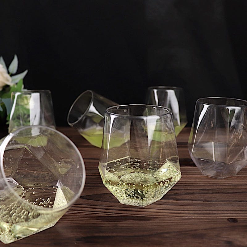 12 Clear 12 oz Geometric Stemless Plastic Wine Glasses - Disposable Tableware DSP_CUWN005_12_CLR