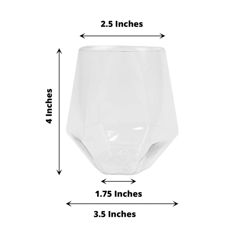 12 Clear 12 oz Geometric Stemless Plastic Wine Glasses - Disposable Tableware DSP_CUWN005_12_CLR
