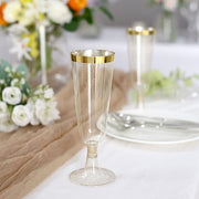 12 Clear 6 oz Glittered Plastic Flutes Champagne Glasses with Gold Rim - Disposable Tableware PLST_CU0071_CLGD