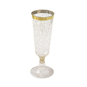 12 Clear 6 oz Glittered Plastic Flutes Champagne Glasses with Gold Rim - Disposable Tableware PLST_CU0071_CLGD