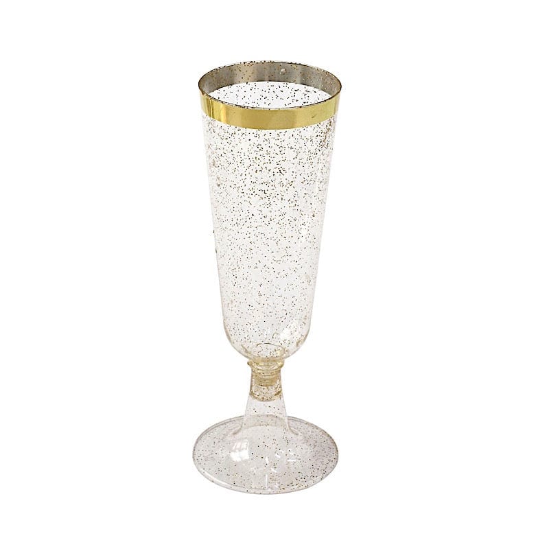 12 Clear 6 oz Glittered Plastic Flutes Champagne Glasses with Gold Rim - Disposable Tableware PLST_CU0071_CLGD