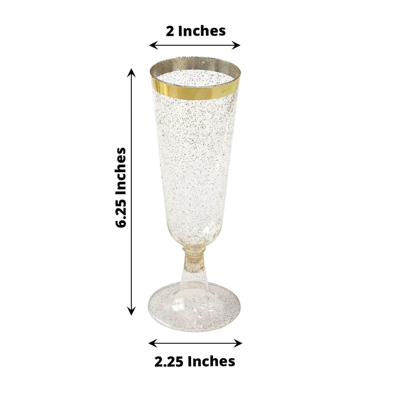 12 Clear 6 oz Glittered Plastic Flutes Champagne Glasses with Gold Rim - Disposable Tableware PLST_CU0071_CLGD