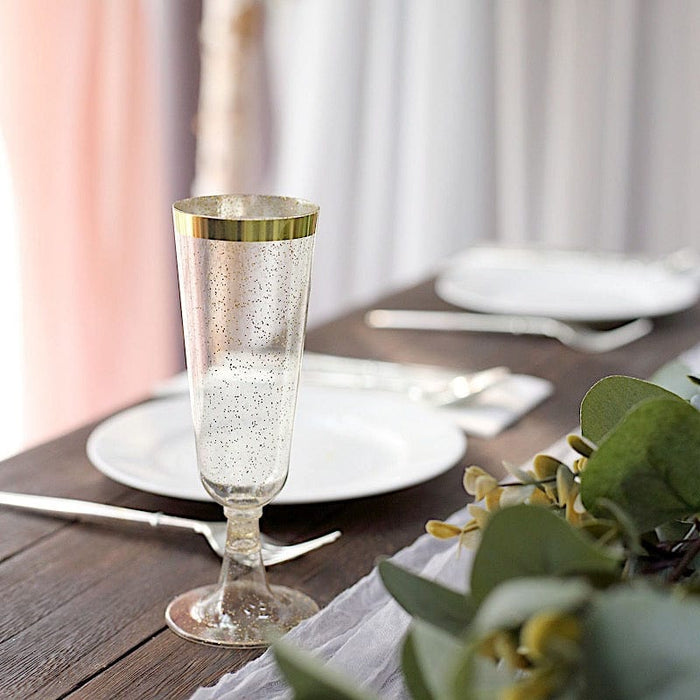 12 Clear 6 oz Glittered Plastic Flutes Champagne Glasses with Gold Rim - Disposable Tableware PLST_CU0071_CLGD