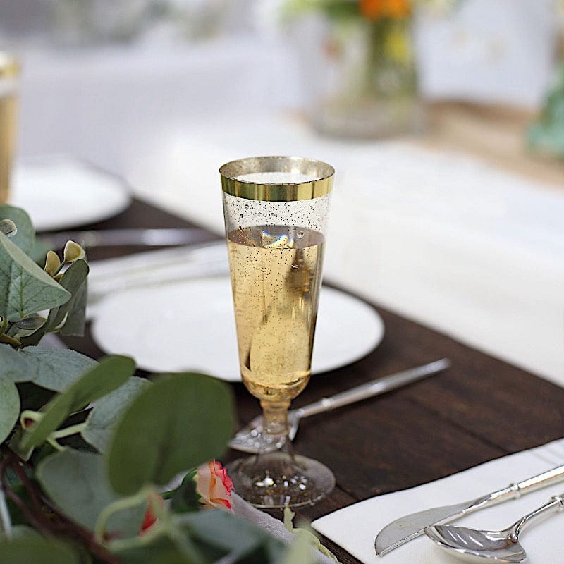 12 Clear 6 oz Glittered Plastic Flutes Champagne Glasses with Gold Rim - Disposable Tableware PLST_CU0071_CLGD